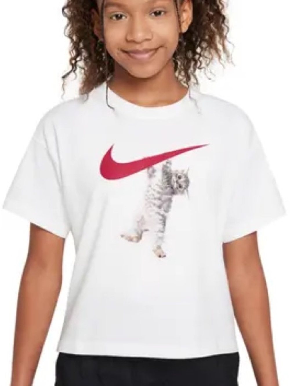 Nike Kids Girl White T-Shirt with Red Swoosh and Cat Graphic size XL